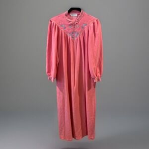 Vanity Fair Robe Duster Women S Vintage Pink Zip Embroidery 3/4‎ Sleeve Granny